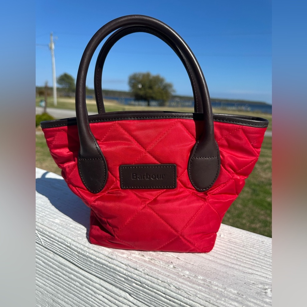 Barbour Quilted Red Mini Tote with Dark Brown Handles